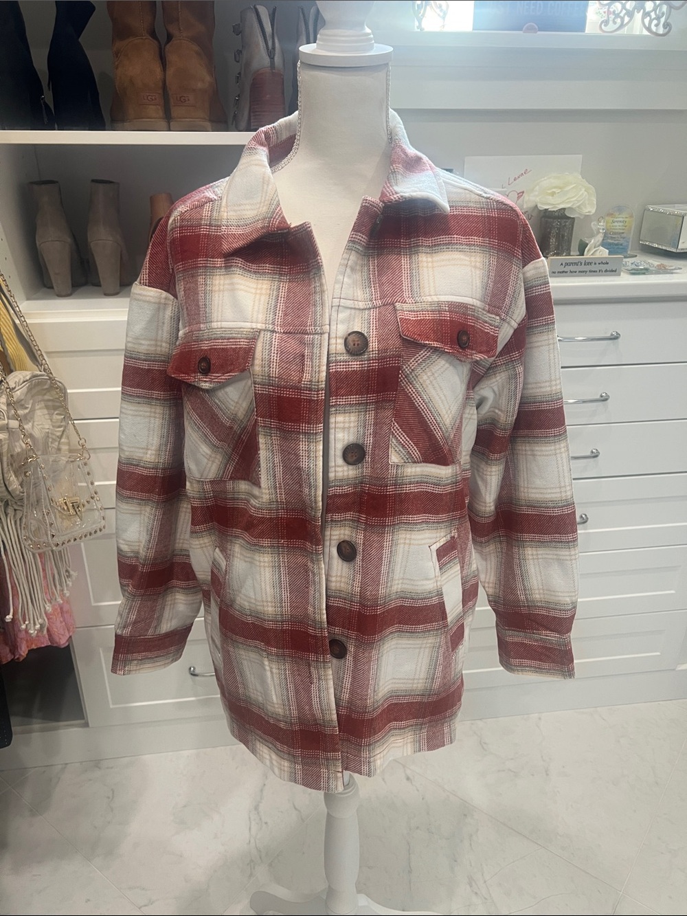 Love Tree Red and White Plaid Utility Shacket